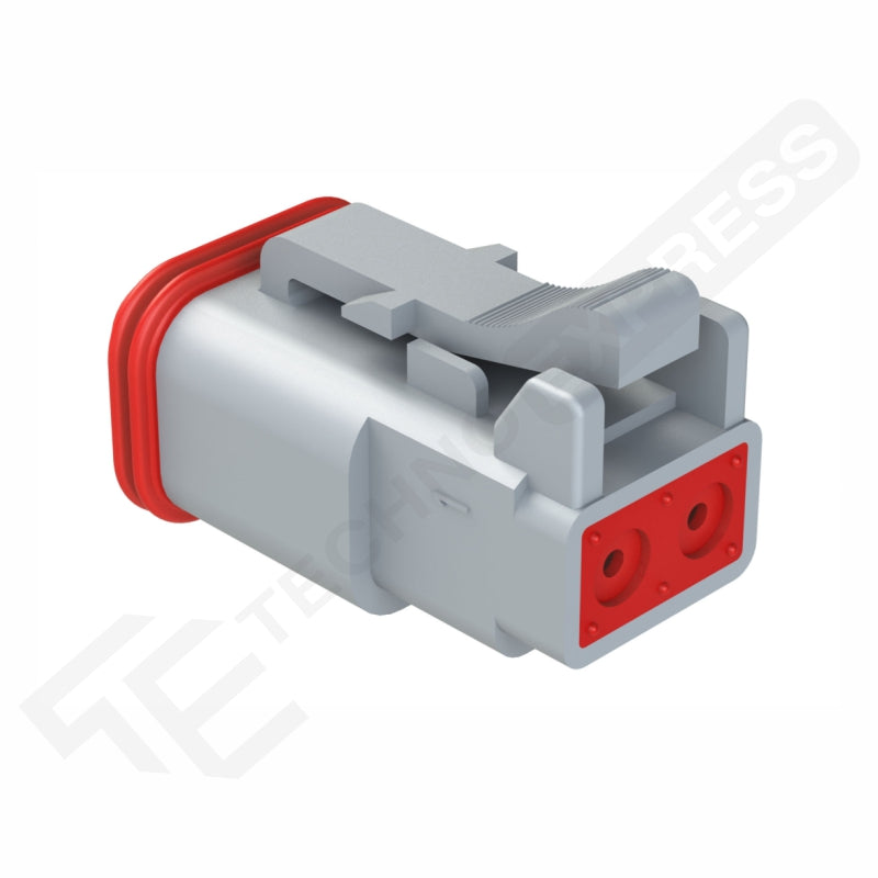 Amphenol AT06-2S female 2-way DT plug, angled front-side view showing connector face, latch and red rear seal
