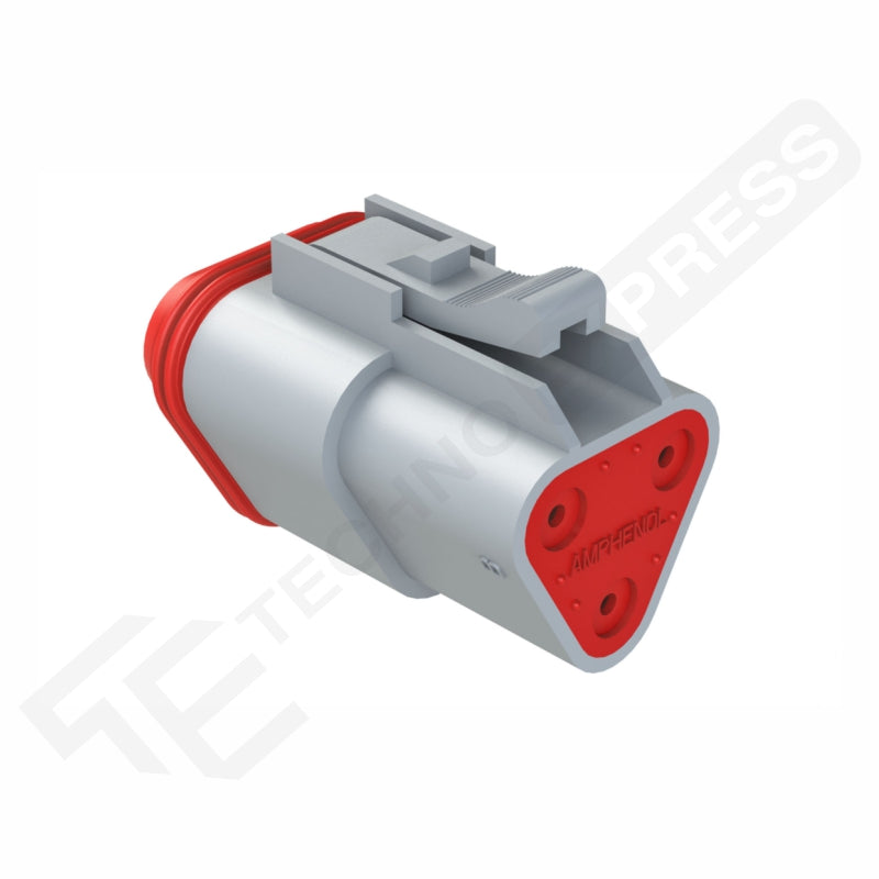 Amphenol DT 3-way female plug, rear-side angle showing latch, red gasket and three circular sockets