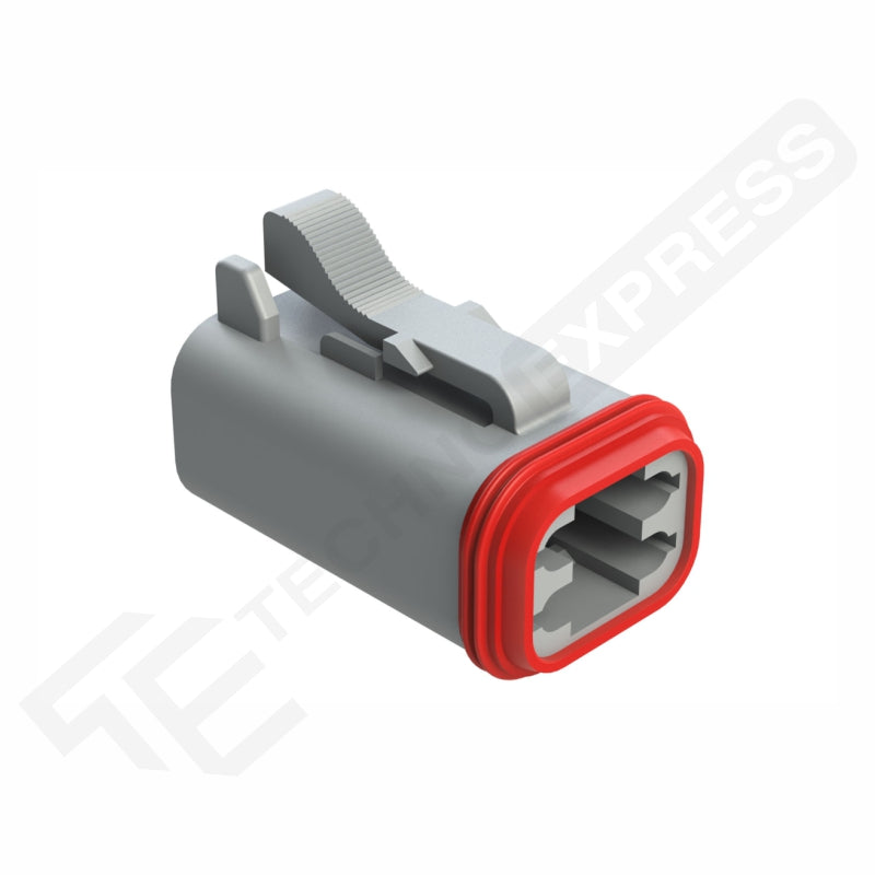 Amphenol AT06-4S 4-way female DT plug with red sealing gasket and retention latch