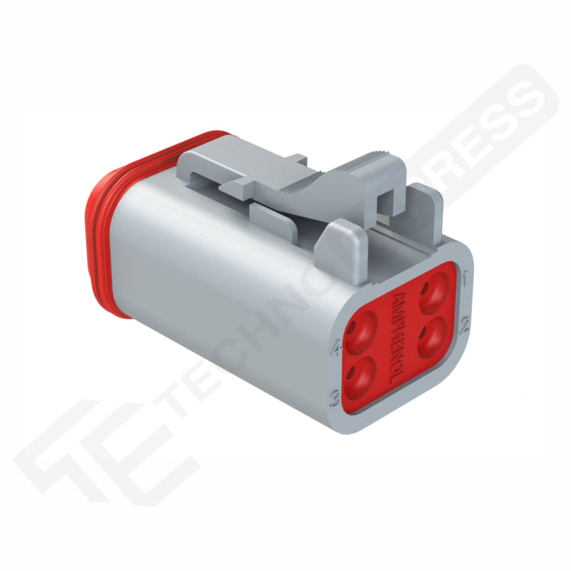 Angled front-right view of Amphenol 4-way female plug showing four red socket recesses, latch and gasket.
