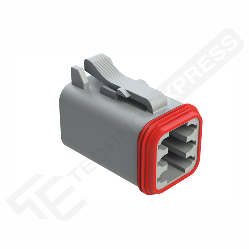 Amphenol AT06-6S 6-way female DT plug connector with red sealing gasket and latch