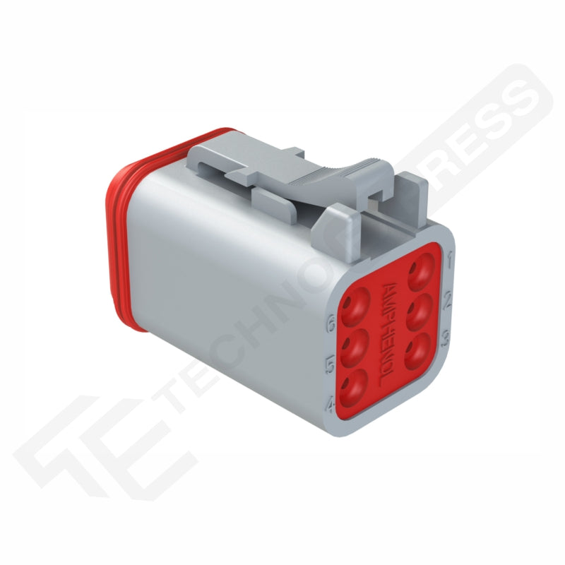Angled rear/side view of Amphenol DT 6-way female plug showing six red cavities, top latch and rear seal.