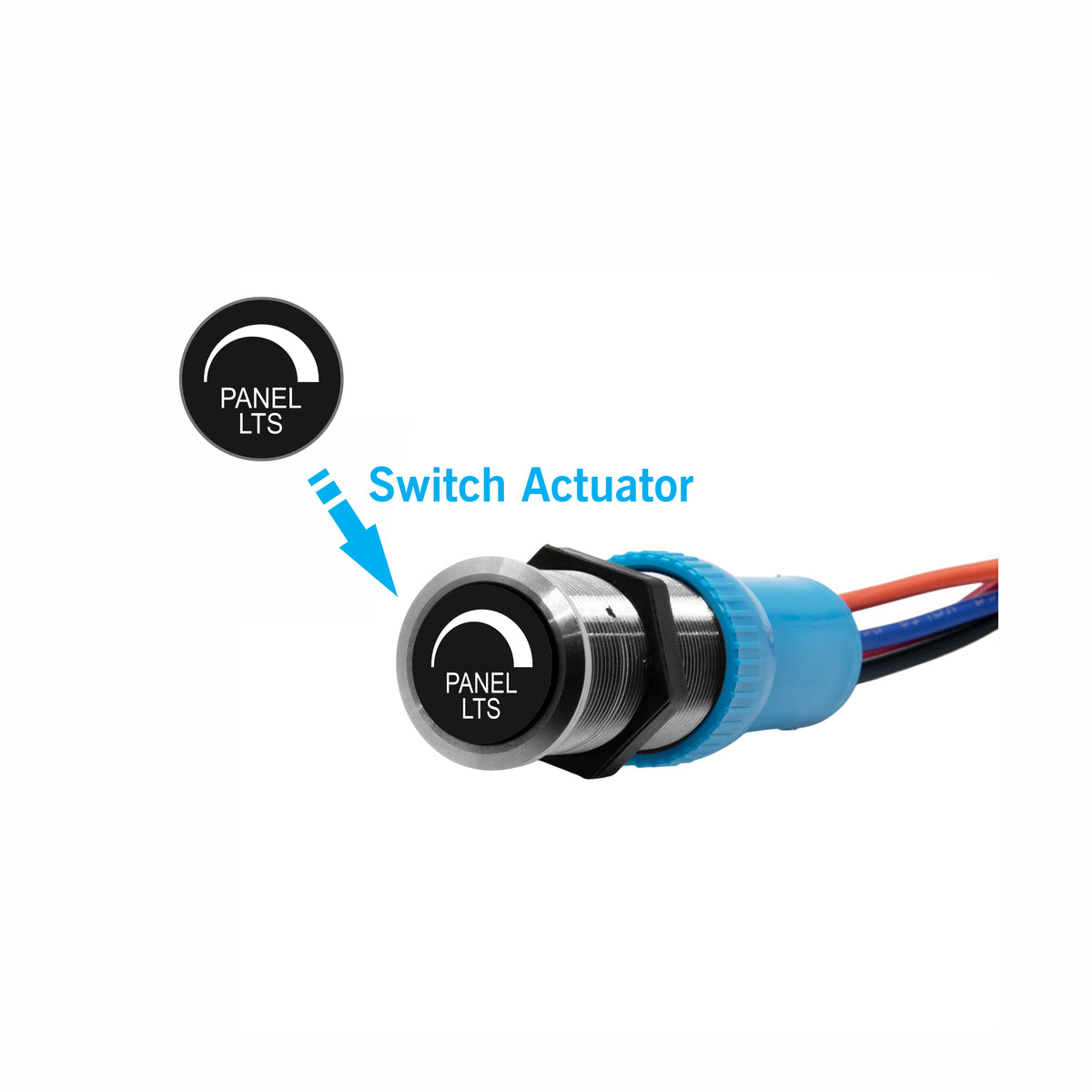 Bluewater 22mm Panel LTS actuator with black labeled button and stainless bezel