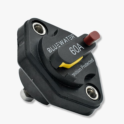 Rear-side view of Bluewater 60A breaker showing mounting holes, wire studs and red reset button.