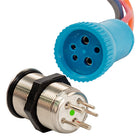 Metal threaded panel-mount push-button switch with exposed pins beside blue multi‑pin cable connector