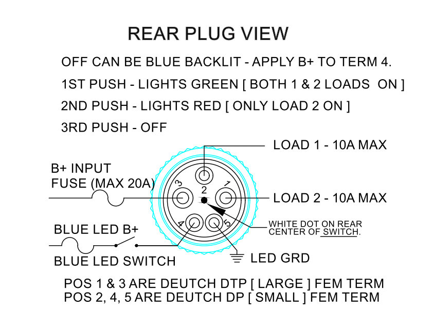 Rear plug wiring diagram for Bluewater NAV/ANC switch showing terminal numbers, B+, loads and LED ground.