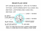 Rear plug wiring diagram for Bluewater NAV/ANC switch showing terminal numbers, B+, loads and LED ground.