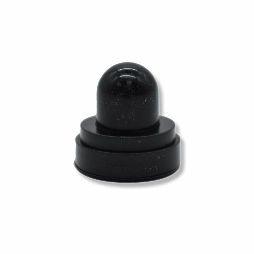 A small black plastic bottle cap with a rounded dome top and a ridged circular base, shown on a plain white background.
