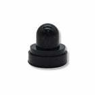 A small black plastic bottle cap with a rounded dome top and a ridged circular base, shown on a plain white background.