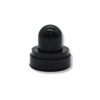 A small black plastic bottle cap with a rounded dome top and a ridged circular base, shown on a plain white background.