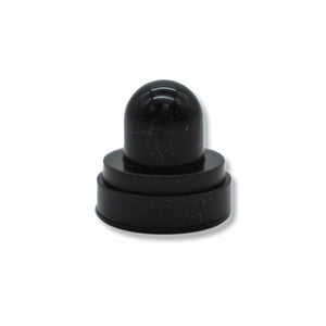 A small black plastic bottle cap with a rounded dome top and a ridged circular base, shown on a plain white background.