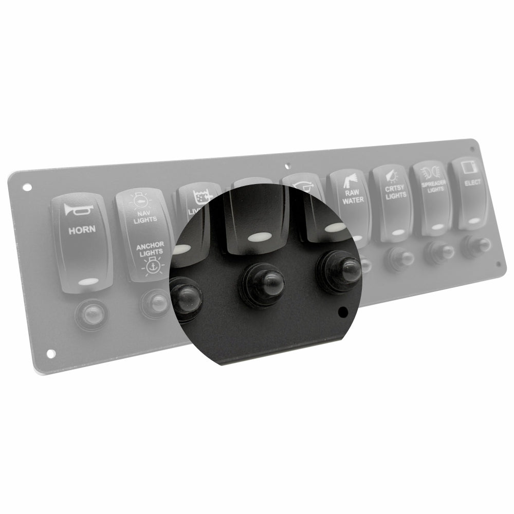A marine toggle switch panel with multiple labeled switches including horn, anchor lights, navigation lights, sun water, crew lights, and electrical, shown with a circular inset highlighting the black rocker switches.