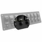 A marine toggle switch panel with multiple labeled switches including horn, anchor lights, navigation lights, sun water, crew lights, and electrical, shown with a circular inset highlighting the black rocker switches.