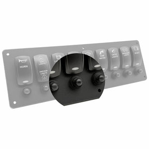 A marine toggle switch panel with multiple labeled switches including horn, anchor lights, navigation lights, sun water, crew lights, and electrical, shown with a circular inset highlighting the black rocker switches.