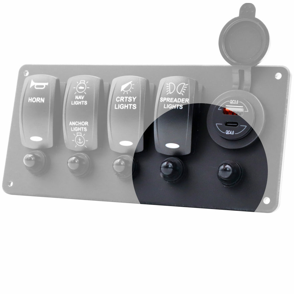A marine electrical panel with four labeled switches (HORN, NAV LIGHTS, CRTSY LIGHTS, SPREADER LIGHTS) and a circular 12V outlet with a flip-up cover, shown on a white background.