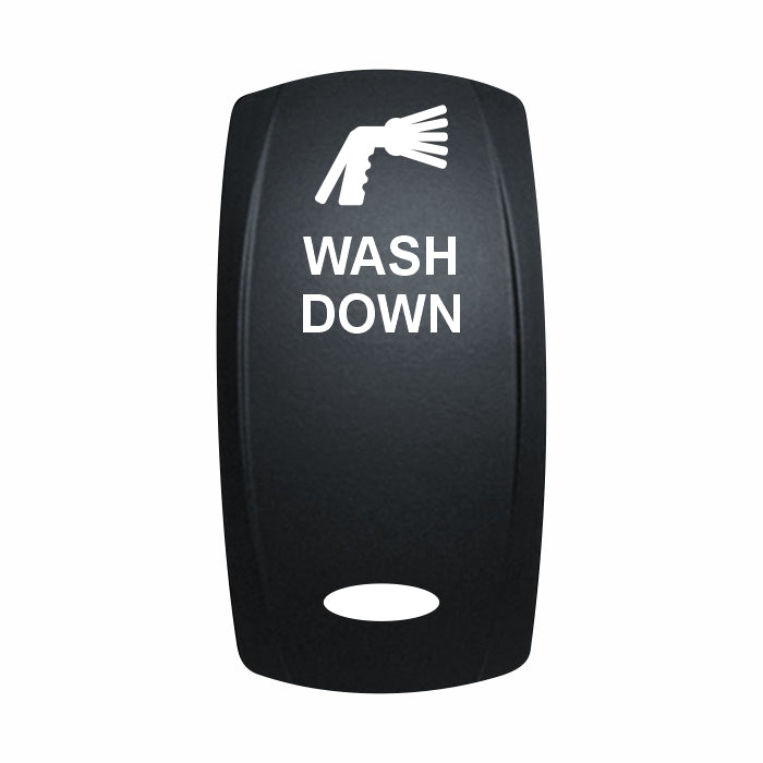 Technoexpress Shop rocker switch labeled 'WASH DOWN' with white spray icon on black face