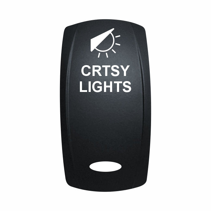 Technoexpress black rocker switch actuator labeled CRTSY LIGHTS with light icon