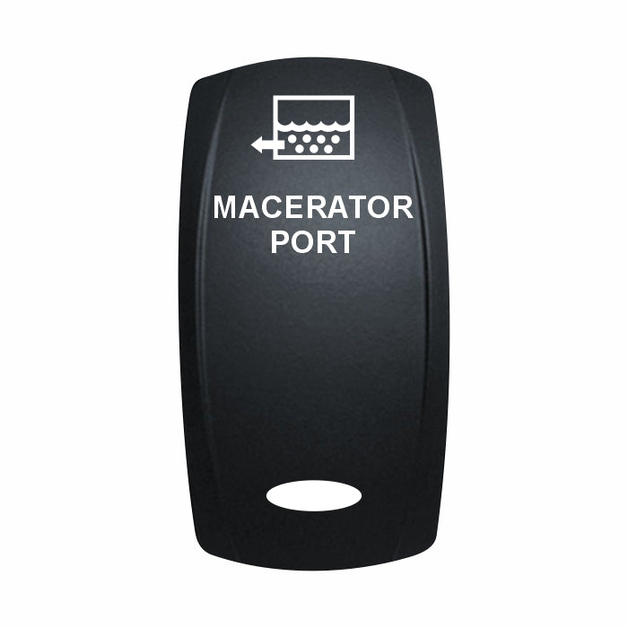 Technoexpress Shop rocker switch labeled MACERATOR PORT with white text on black