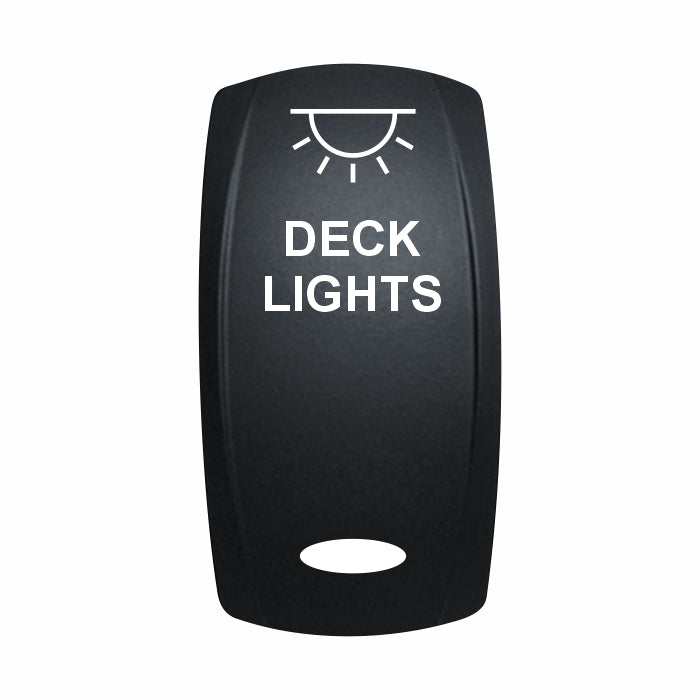 Technoexpress black rocker switch actuator labeled DECK LIGHTS with light icon