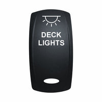 Technoexpress black rocker switch actuator labeled DECK LIGHTS with light icon
