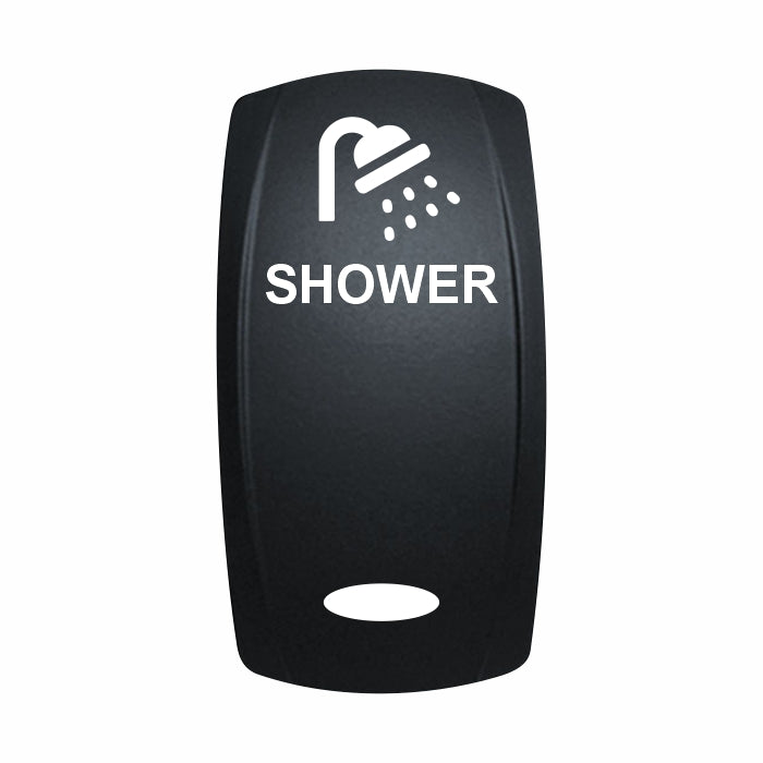 Technoexpress Shop black rocker switch labeled SHOWER with shower icon and oval window