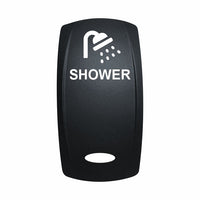 Technoexpress Shop black rocker switch labeled SHOWER with shower icon and oval window