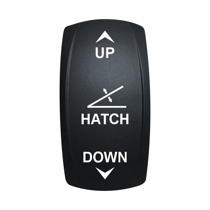 Technoexpress Shop hatch rocker switch with white UP/HATCH/DOWN labels and directional arrows
