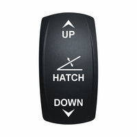 Technoexpress Shop hatch rocker switch with white UP/HATCH/DOWN labels and directional arrows