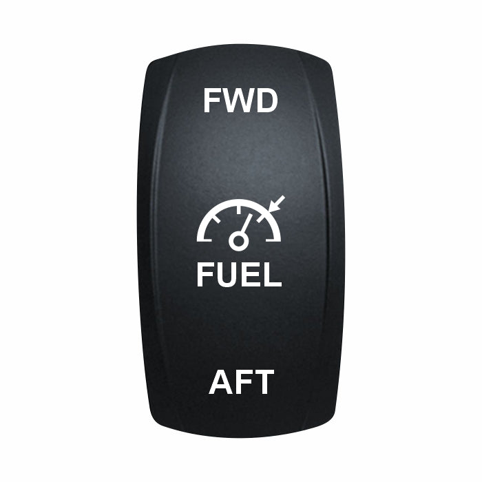 Technoexpress FUEL FWD/AFT marine rocker switch actuator labeled FWD, fuel gauge icon, AFT