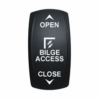 Technoexpress Shop BILGE ACCESS black rocker switch with OPEN arrow and CLOSE arrow
