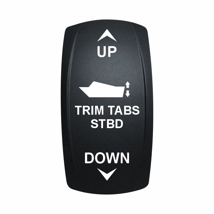 Technoexpress TRIM TABS STBD rocker switch with UP/DOWN labels and boat icon