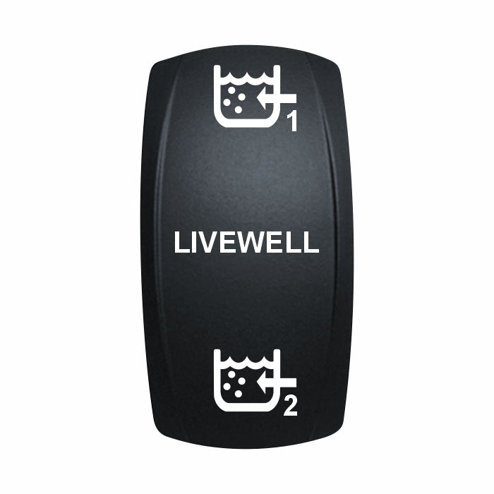 Technoexpress Shop LIVEWELL 1/2 rocker switch with central LIVEWELL label and 1/2 tank icons