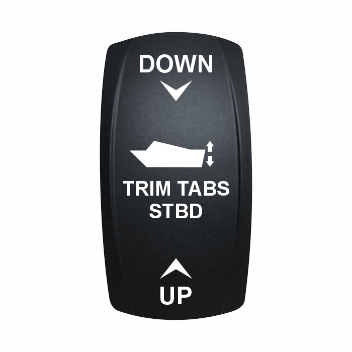 Technoexpress TRIM TABS STBD rocker switch actuator labeled DOWN (top) and UP (bottom)