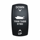 Technoexpress TRIM TABS STBD rocker switch actuator labeled DOWN (top) and UP (bottom)