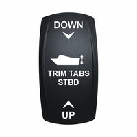 Technoexpress TRIM TABS STBD rocker switch actuator labeled DOWN (top) and UP (bottom)