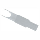 A light gray plastic automotive tool with molded instructions and an arrow, shown on a plain white background.