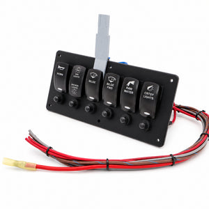 A black marine toggle switch panel with six labeled switches including horn, windshield wiper, blade blade, raw water, and catsey lights, with attached wiring and a gray mounting bracket on a white background.