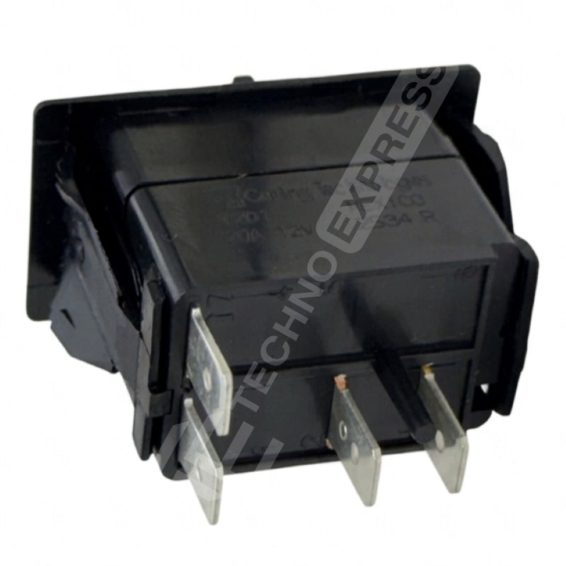 Carling Technologies ACC switch rear/side angle showing four metal spade terminals and housing.