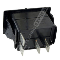 Carling Technologies ACC switch rear/side angle showing four metal spade terminals and housing.
