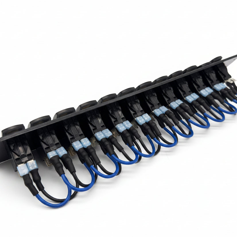 A black multi-button electrical switch panel with multiple blue and black cable ties and blue wires, photographed on a light gray background.