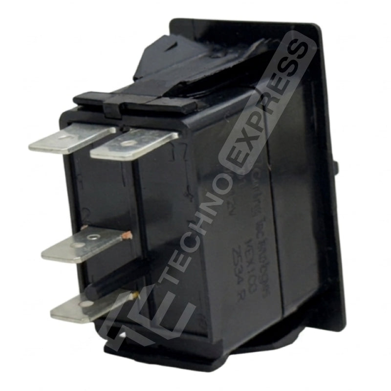 Rear-side view of Carling Technologies ACC rocker switch showing four flat spade terminals and mounting bezel