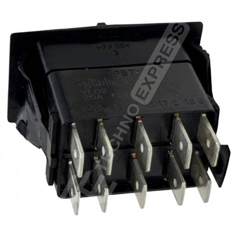 Rear view of Carling Technologies ACC 1/2 switch showing eight metal spade terminals