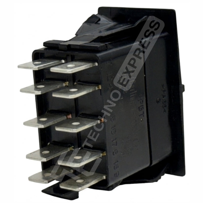 Rear view of ACC 1/2 electrical switch showing plastic housing, mounting flange and eight spade terminals