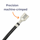 Close-up side view of 14 AWG marine jumper's machine-crimped female quick-disconnect terminal