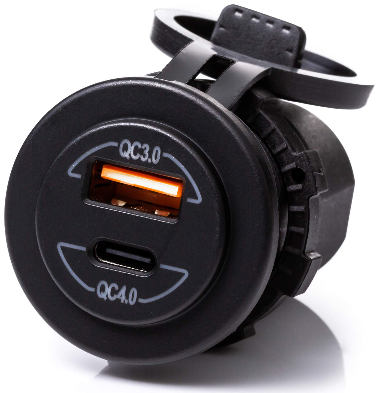 Round charger front view showing USB-A (orange) and USB-C ports labeled QC3.0/QC4.0 plus side mounting nut