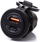Round charger front view showing USB-A (orange) and USB-C ports labeled QC3.0/QC4.0 plus side mounting nut