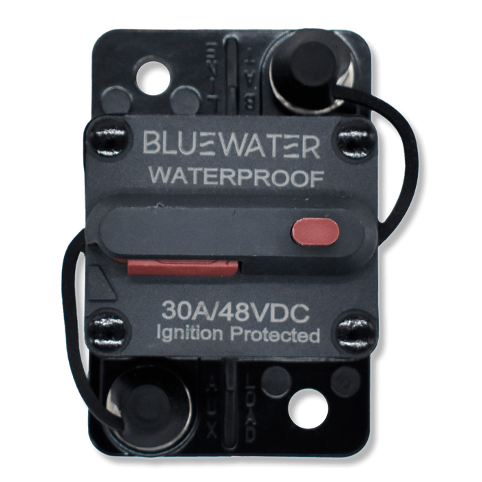 Bluewater surface-mount circuit breaker 30A/48VDC ignition-protected with red reset lever