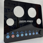 SeaPro 220 CC dash panel front close-up showing circular gauge cutouts, SEA PRO logo and illuminated buttons