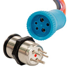 Rear of a 22mm panel-mount push-button switch showing four metal pins and blue 4-pin mating cable connector