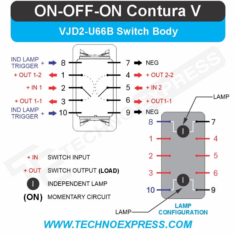 Carling Technologies VJD2-U66B rear terminal wiring diagram showing numbered pinouts and lamp hookups